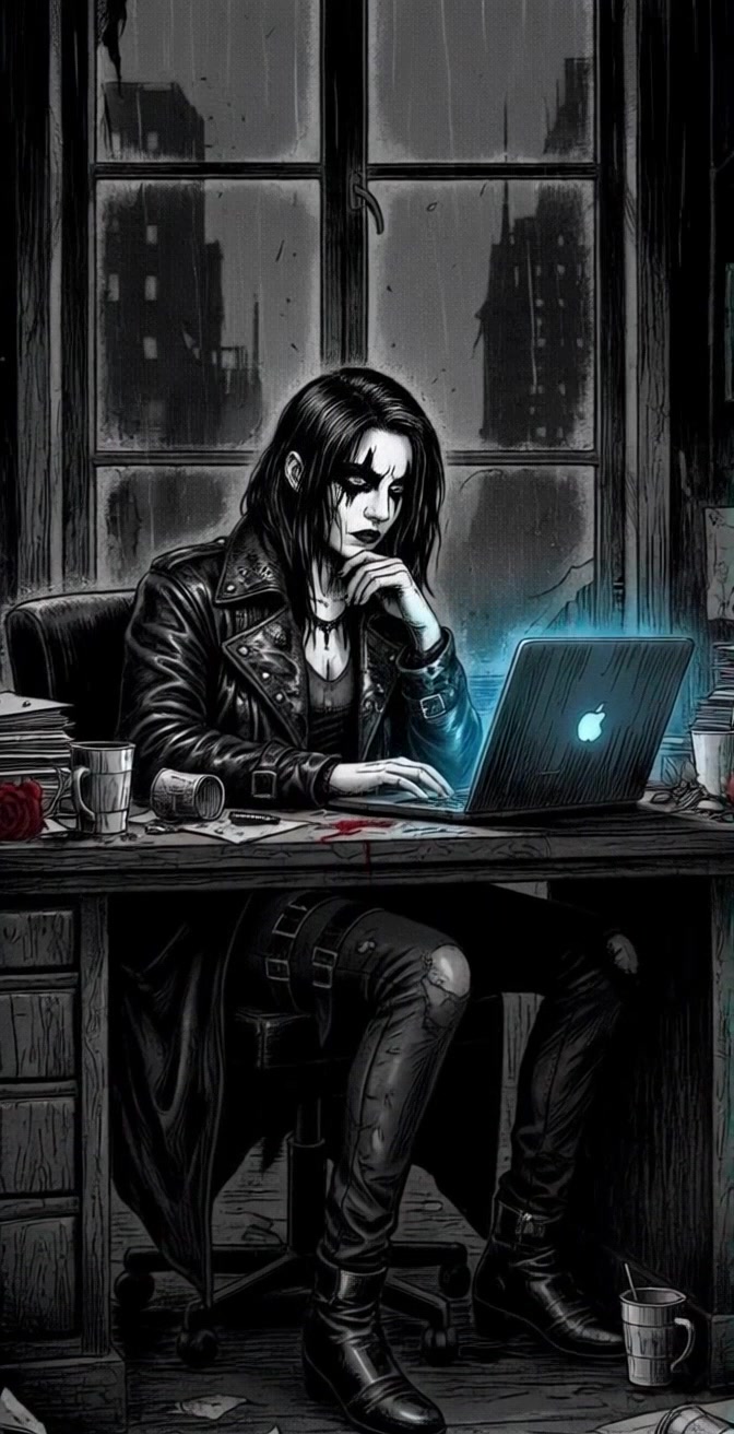 Subject: A gothic-style person with black makeup and long dark hair. Subject movement: They sit still at a cluttered desk, focused on the glowing laptop while rain lightly taps against the window. Scene: Dark room with a view of tall buildings outside through a rainy window, creating a moody atmosphere. Style: Ambient lighting from the laptop contrasts with the dim surroundings, enhancing the gothic aesthetic. Motion: The camera slowly dolly in from an angle, capturing the person's intense expression and the shimmering reflections on the window.