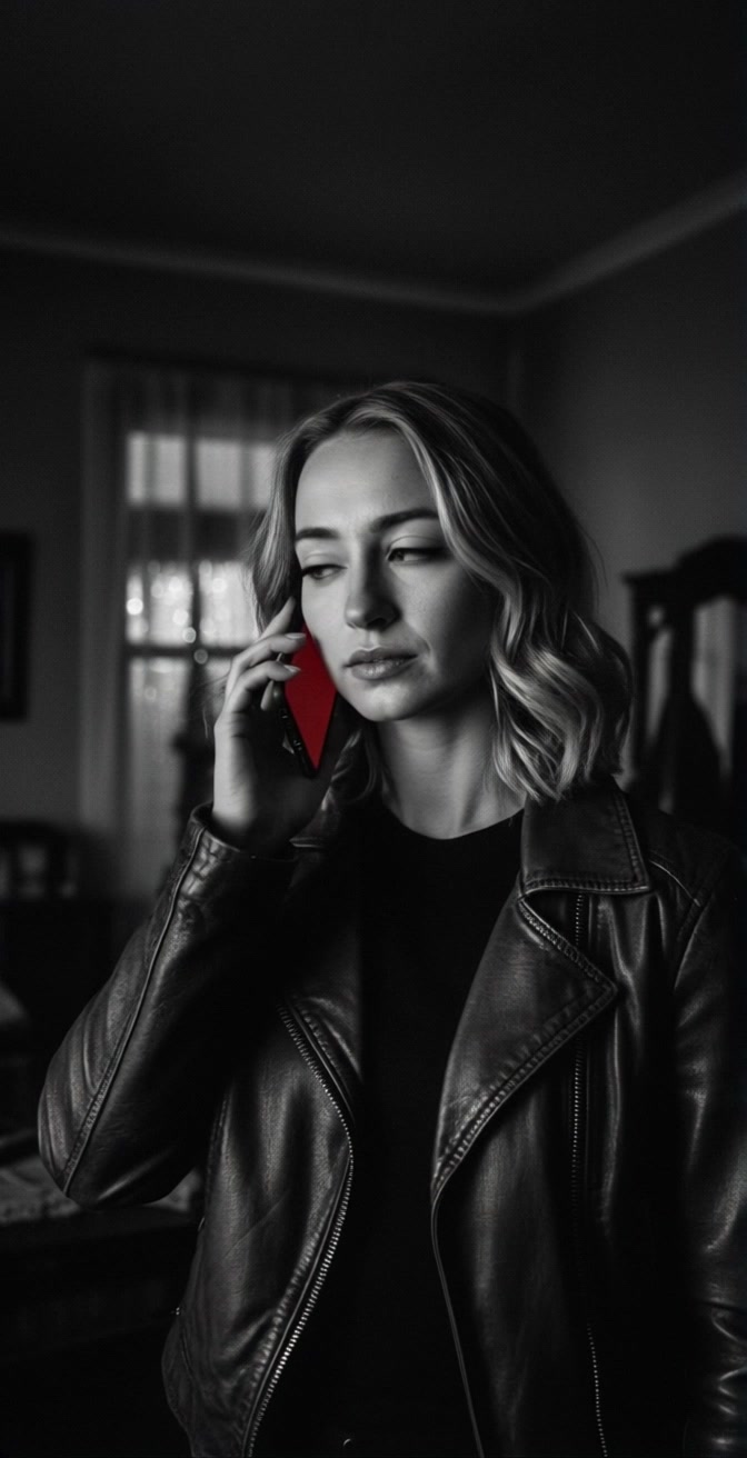 Subject: A young woman with shoulder-length blonde hair in a black leather jacket, holding a red phone to her ear. Subject movement: She shifts her gaze thoughtfully towards the window, as if pondering her next words. Scene: Dimly lit room with soft curtains framing the window, creating an intimate atmosphere. Style: Moody lighting with dramatic shadows enhancing the tones of the leather and the warmth of the phone. Motion: The camera performs a slow dolly in, gradually focusing on her expression as the light softly wells up from the window highlighting the contours of her face.