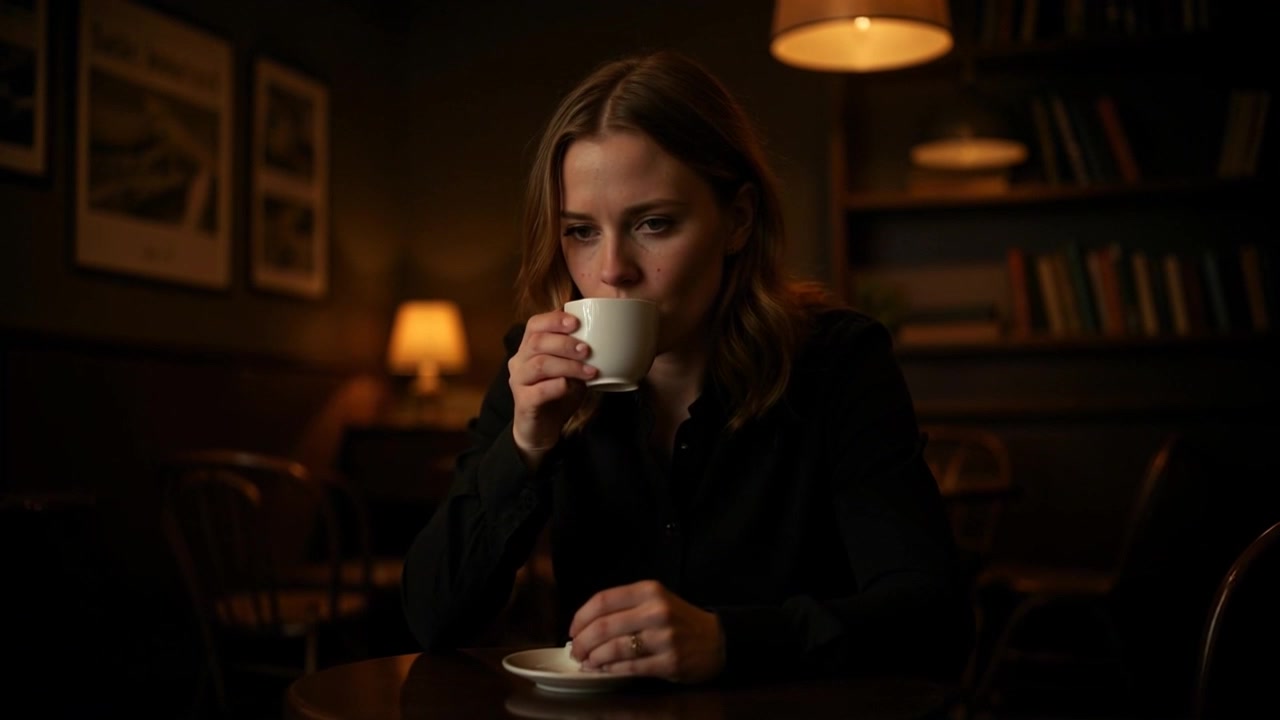 Subject: A young woman with light brown hair sitting at a table in a dimly lit café. Subject movement: The woman gently raises her cup to her lips, pausing for a moment, lost in thought. Scene: An intimate café atmosphere with soft shadows and cozy furnishings, the single overhead light casting a warm halo around the table. Motion: The camera pushes in slowly, capturing the woman's contemplative expression in close-up, while the background blurs slightly, enhancing the mood of solitude.