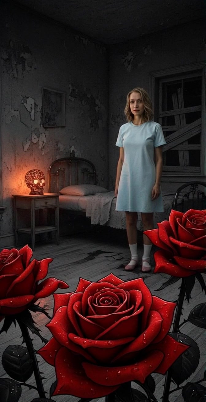 Subject: A young woman in a light blue dress. Subject movement: She stands still, gazing contemplatively around the room. Scene: A dark, decrepit room with peeling walls and boarded-up windows, illuminated by a glowing skull lamp. In the foreground, large, vivid red roses with water droplets create a striking contrast with the gloom. Style: Dim, moody lighting enhancing the atmosphere of mystery and solitude. Motion: The camera gently zooms in on the roses, then transitions to a soft tracking shot to capture the young woman's expression, revealing the details in her dress and the eerie glow of the lamp.