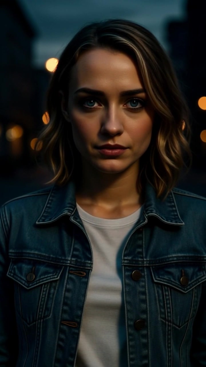 Subject: A young woman with shoulder-length blonde hair and blue eyes gazing intently into the camera, dressed in a denim jacket over a white shirt. Subject movement: She slowly shifts her gaze to the left, hinting at a distant thought. Scene: A blurred nighttime urban background illuminated softly by streetlights creates a contemplative atmosphere. Style: Gentle, ambient lighting adds a warm yet serious mood. Motion: The camera dollies in slowly, capturing her expression while maintaining the softness of the background, creating a sense of intimacy.
