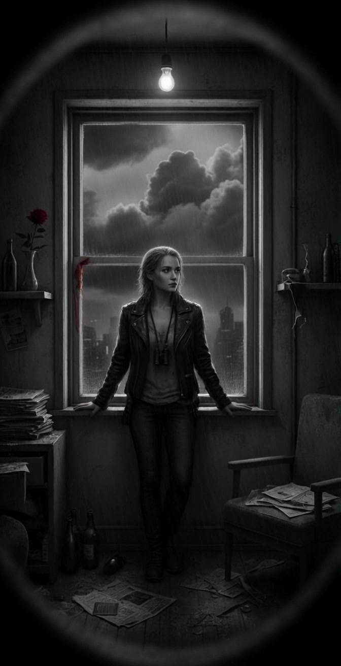 Subject: A young woman in a leather jacket. Subject movement: She leans pensively against the window sill, glancing thoughtfully outside as the rain pours down. Scene: In a dimly lit room filled with scattered papers, a single red rose in a vase, and empty bottles, set against a backdrop of a dark city skyline under looming clouds. Style: Low-key, moody lighting accentuates the noir atmosphere, enhancing the tension in the scene. Motion: The camera begins with a close-up on the woman's face, then slowly pushes out to reveal the room's details, capturing the raindrops trickling down the window, creating an immersive and dramatic effect.