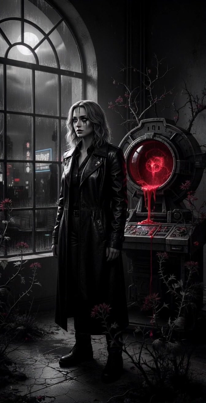 Scene: A woman with shoulder-length blonde hair and dark makeup stands solemnly in a dimly lit room, cracked floor beneath her feet, wearing a long black leather coat and boots. Outside, rain pours against a large arched window, revealing a vibrant, neon-lit cityscape at night. Lighting: Dark, moody atmosphere illuminated by the glow from the neon lights outside, creating sharp contrasts with the shadows in the room. Motion: The camera slowly pans from the window to the woman, capturing the dripping red liquid from the futuristic machine beside her, emphasizing the tension in the scene.