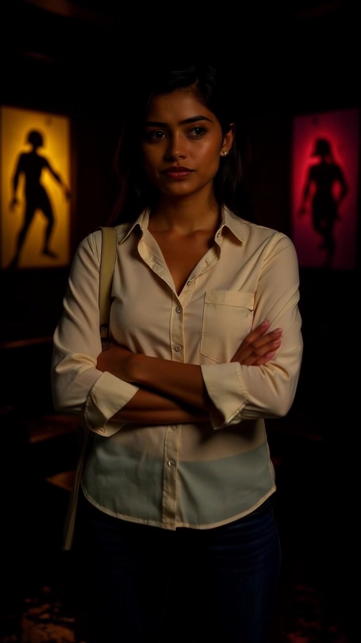 Subject: A young woman named Priya, with a skeptical expression and arms crossed. Subject Movement: She shifts slightly, uncrossing her arms as she leans forward, her brow unfurrowing with newfound curiosity. Scene: A cozy, warmly lit coffee shop filled with soft textures and rich colors, creating an inviting atmosphere. Motion: The camera starts with a close-up of Priya, then gently pushes out to reveal the surrounding ambiance, capturing the subtle mood of the conversation unfolding around her.