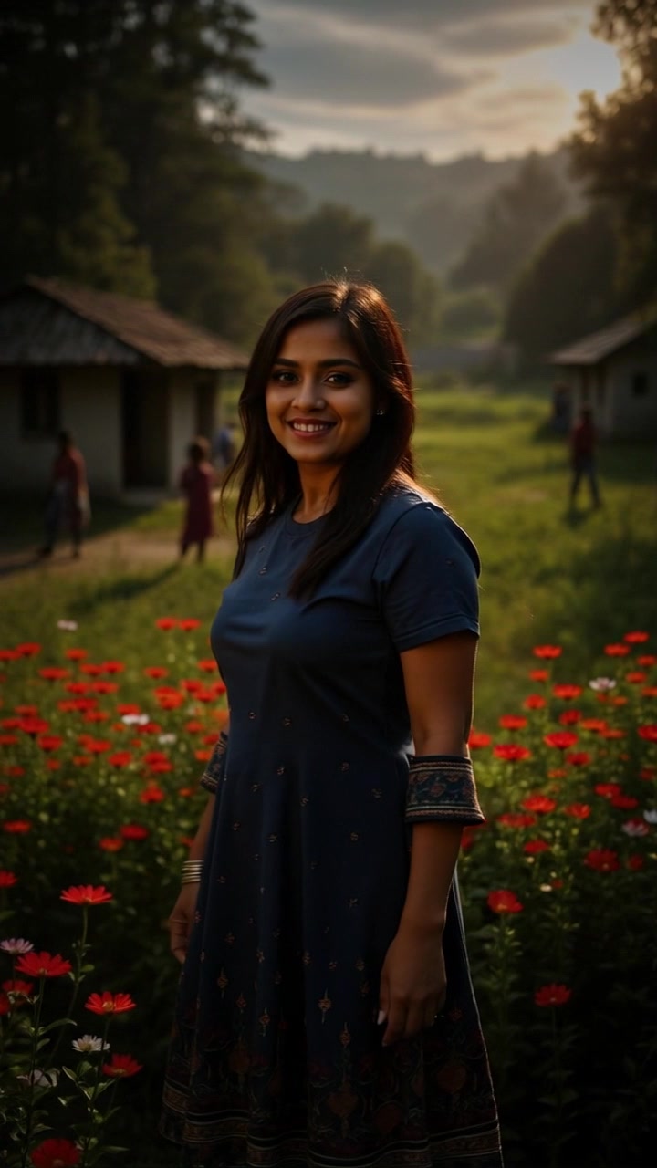 Subject: A young woman with long dark hair, wearing a navy blue dress, standing in a vibrant garden filled with red and white flowers, smiling warmly. Subject movement: She gently sways side to side, her dress catching the soft breeze. Scene: A lush garden backdrop with traditional houses and blurred figures in the background. Style: Warm, golden-hour lighting illuminating the vivid colors of the flowers and the woman's attire. Motion: Camera performs a slow push-in towards the woman, softly focusing on her joyful expression, while the flowers gently sway in the foreground.