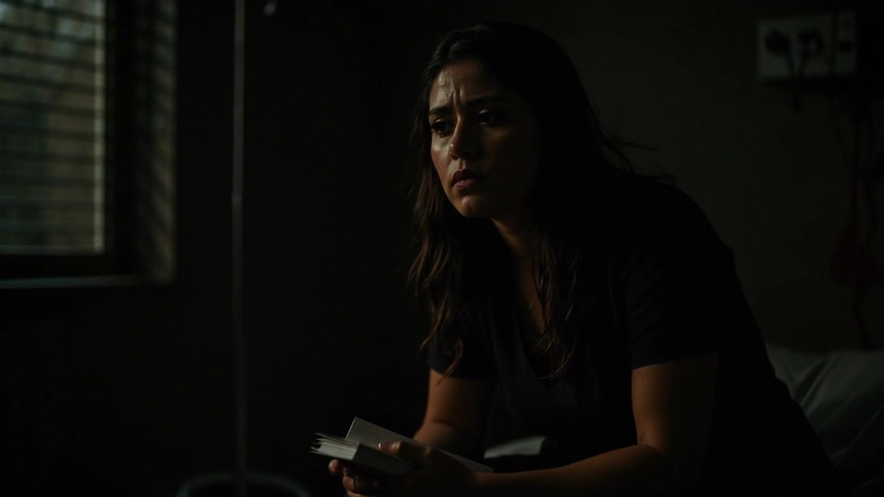 Subject: A young woman with long dark hair. Subject movement: She shifts her gaze pensively to the right, contemplating the papers in her hands. Scene: A dimly lit room filled with soft shadows that play across her face and body, creating an intimate atmosphere. Style: Low-key lighting accentuating the shadows, enhancing the mood of reflection. Motion: Camera slowly pushes in, capturing the emotion on her face as the shadows deepen, revealing the intricacies of the moment.