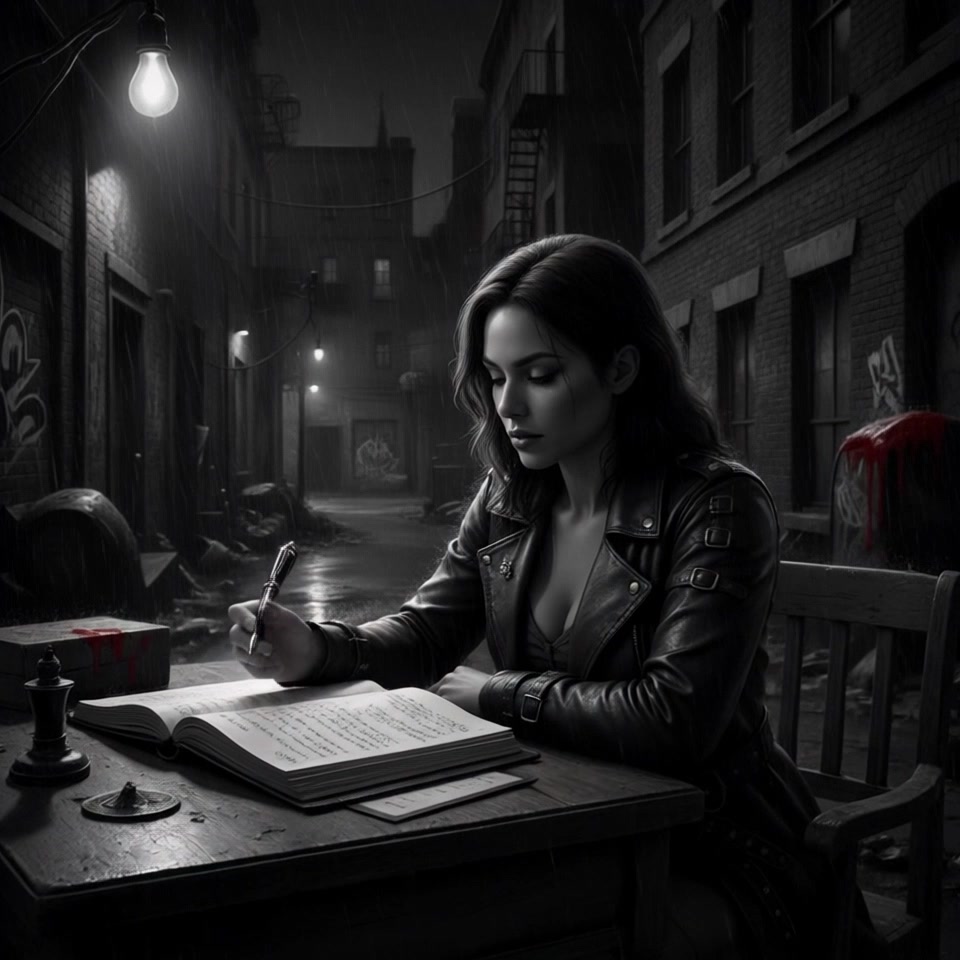 Subject: A young woman with dark hair, deeply focused, writes in a large book. Subject movement: She occasionally lifts her hand to turn the page, showcasing her intense concentration. Scene: A dimly lit, rainy alley, the sound of raindrops softly pattering against the cobblestones, with a single hanging light bulb casting a warm glow on the wooden table. Style: Moody, atmospheric lighting that heightens the sense of solitude and introspection. Motion: The camera slowly pushes in, narrowing the focus on her hands as they move purposefully across the page, capturing the tension in the air as the rain continues to fall outside.