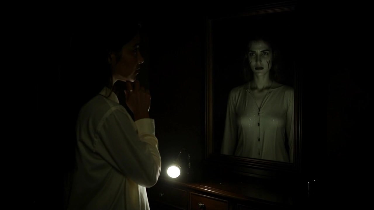 Scene: A dimly lit room where a woman gazes into a mirror, her reflection revealing a ghostly, scarred version of herself with a serious expression. Style: Soft, low-key, moody lighting enhancing the eerie atmosphere, casting deep shadows and highlighting the ghostly reflection. Motion: Camera performs a slow, dramatic push-in towards the mirror, emphasizing the intensity of the moment as the woman’s expression shifts to one of realization.