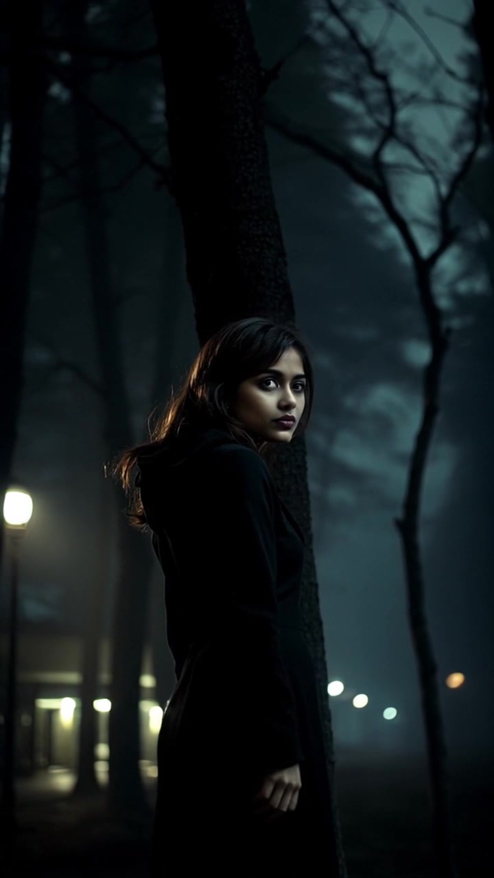 Subject: A young woman with long dark hair, clad in dark clothing, stands still in a dimly lit forest at night, her serious expression contemplative against the backdrop. Scene: Mysterious forest environment at night, illuminated by blurred, glowing streetlights in the background, casting an ethereal glow. Motion: Camera performs a smooth, slow 360-degree pan around the woman, accentuating the contrast between her steadfast presence and the enigmatic forest ambiance. Lighting: Subtle, moody lighting with highlights from the streetlights, creating dramatic shadows. Atmosphere: The scene feels tense and atmospheric, evoking a sense of mystery and introspection.
