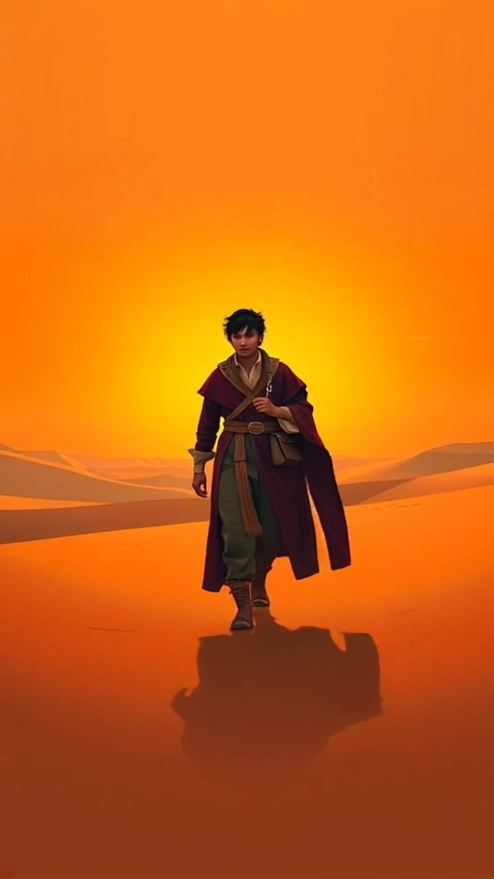 Subject: A solitary traveler walking across a vast desert. Subject movement: The traveler walks steadily, exuding a sense of determination as the sun sets behind him. Scene: Expansive desert landscape with rolling sand dunes bathed in warm sunset tones. Style: Soft, golden hour lighting enhances the rich hues of the sand and sky. Motion: The camera gently tracks the traveler from a low angle, weaving around him as he strides forward, capturing the shimmering waves of heat rising from the ground.