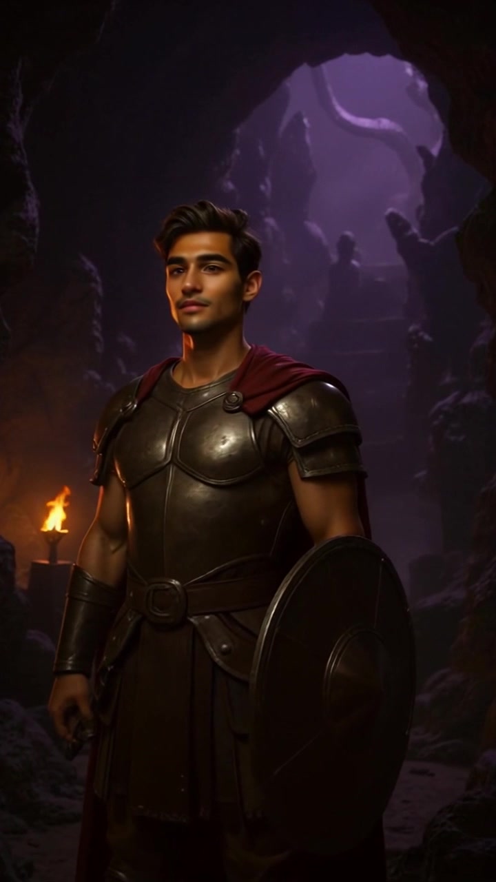Subject: Amir standing firm at the edge of a misty forest, gazing intently at a dark cave entrance. Subject movement: He remains still, embodying a sense of focus and determination. Scene: A mystical forest shrouded in fog, leading to an ominous cave that beckons exploration. Style: Soft, diffused light filtering through the tree canopy, creating an eerie yet intriguing atmosphere. Motion: The camera gradually pushes in towards Amir, capturing his serious expression and the looming cave, enhancing the sense of tension and anticipation.