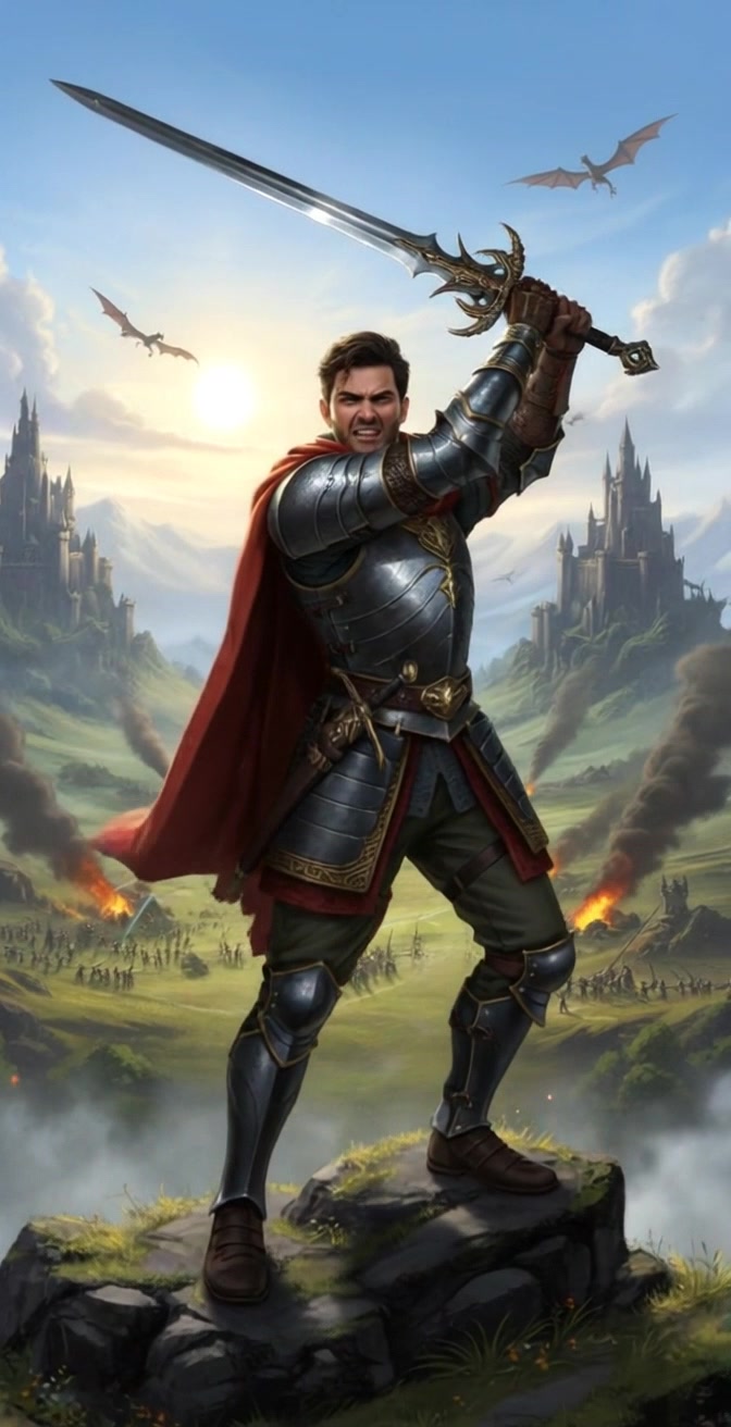 Subject: A fierce young knight in full armor with a red torn cape, brandishing a large ornate sword overhead, shouting passionately. Subject movement: The knight stands resolutely on a rocky outcrop, exuding confidence and determination amidst the chaos. Scene: A dramatic battlefield filled with clashing armies, burning villages, and soaring dragons, with two majestic castles in the backdrop illuminated under a bright sky. Style: Epic, cinematic lighting that enhances the contrast between the bright sky and the dark elements of war. Motion: The camera executes a dramatic panning shot, capturing the knight's commanding presence while revealing the tumultuous battlefield around him.