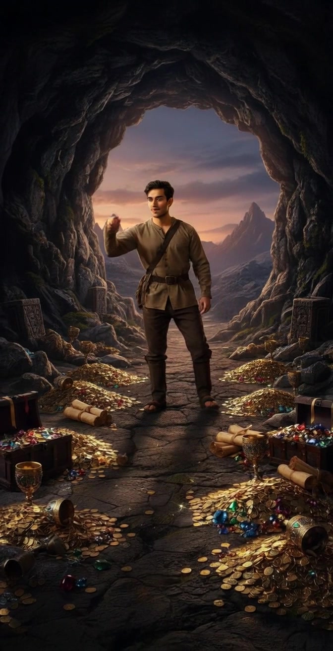 Subject: A young man stands confidently amidst piles of gold coins and treasure in a cave. Subject movement: He gestures triumphantly with one hand while surveying his bounty. Scene: Inside a dimly lit cave, illuminated by the warm glow of sunset filtering through the entrance, with glittering jewels and treasure chests surrounding him. Style: The late afternoon light casts dynamic shadows, creating a mystical and adventurous atmosphere. Motion: The camera slowly pulls back to reveal the cave's entrance and the mountainous landscape beyond, capturing the man's excited expression against the backdrop of his treasure.