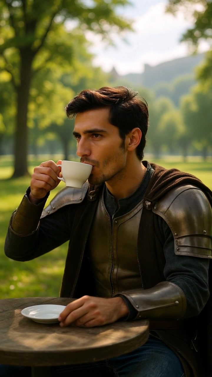 Subject: A young man in medieval armor holding a white cup and saucer. Subject movement: The man gazes thoughtfully around the sunlit park, occasionally lifting the cup to his lips. Scene: Outdoor park setting with lush greenery and sun-dappled light filtering through the leaves. Style: Morning light creating a warm and inviting atmosphere, enhancing the tranquility of the scene. Motion: Camera gently pushes in on the man at the table, capturing the details of his contemplative expression and the surrounding peaceful landscape.