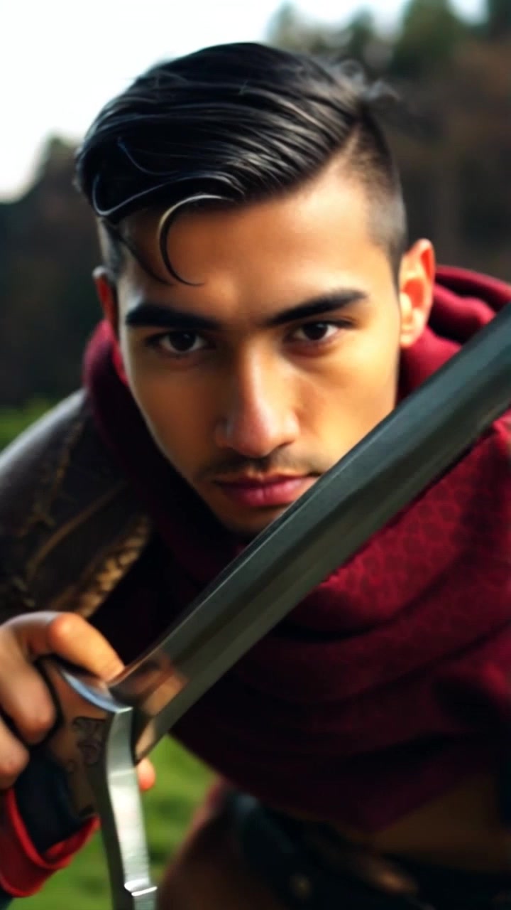Subject: A determined individual practicing with a training sword. Subject movement: The individual performs a series of focused, fluid swings of the sword, showcasing precision and intensity. Scene: An outdoor training area surrounded by lush greenery and distant mountains. Lighting: Bright morning light casts dynamic shadows, highlighting the intensity of the moment. Motion: The camera tracks dynamically alongside the individual, capturing each swing up close and emphasizing the strength in their grip and the focus on their expression.
