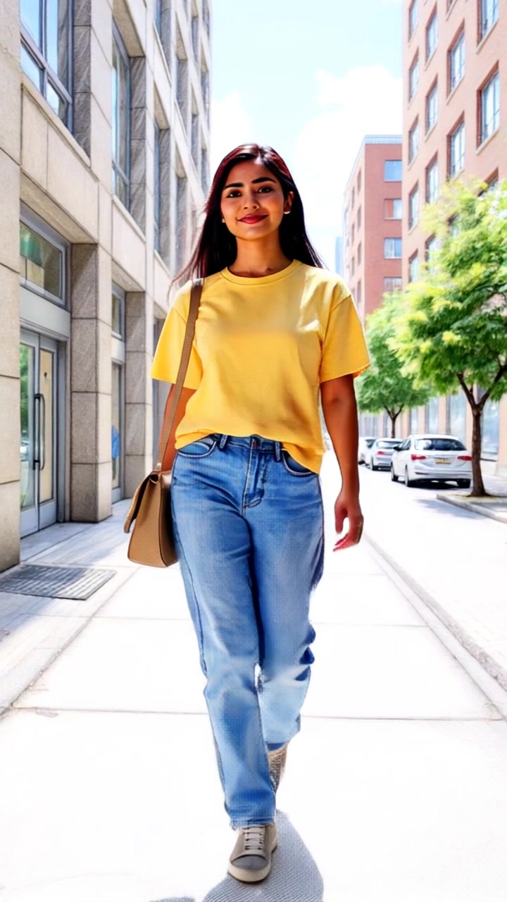 Subject: A young woman with long dark hair walking confidently. Subject movement: She strides purposefully down the city sidewalk, swinging her shoulder bag with each step. Scene: Vibrant city sidewalk flanked by buildings and trees, capturing the energy of urban life. Style: Bright daylight accentuating her yellow T-shirt and blue jeans, creating a lively mood. Motion: Handheld camera follows her dynamic movement, seamlessly tracking her confidence as she passes by art and greenery.