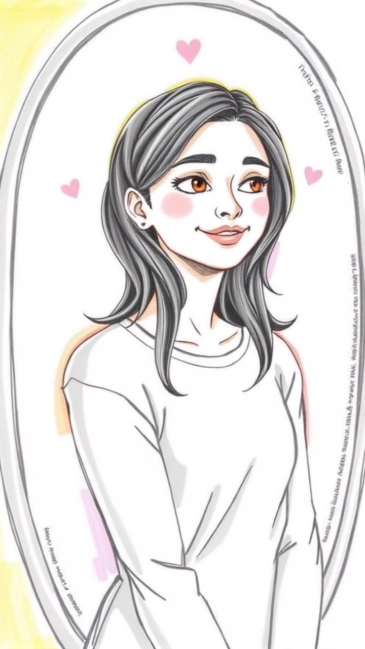 Subject: A young woman standing in front of a mirror, gazing at her reflection with a wide smile, her expression radiating joy and confidence. Scene: An elegantly decorated room with soft colors and warm textures, enhancing the uplifting ambiance. Motion: The camera slowly pushes in, capturing her expression as she beams at her reflection, the mirror's surface reflecting soft, glowing light and creating a vibrant, inviting atmosphere.