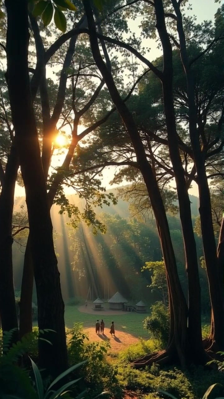 Scene: A sunlit forest clearing with tall trees, where three figures walk purposefully towards several thatched huts in the distance. Style: Bright, dappled sunlight filtering through the tree canopy, creating a mosaic of light and shadow on the forest floor. Motion: The camera slowly tracks forward, following the figures as they approach the huts, capturing the serene atmosphere of the forest.