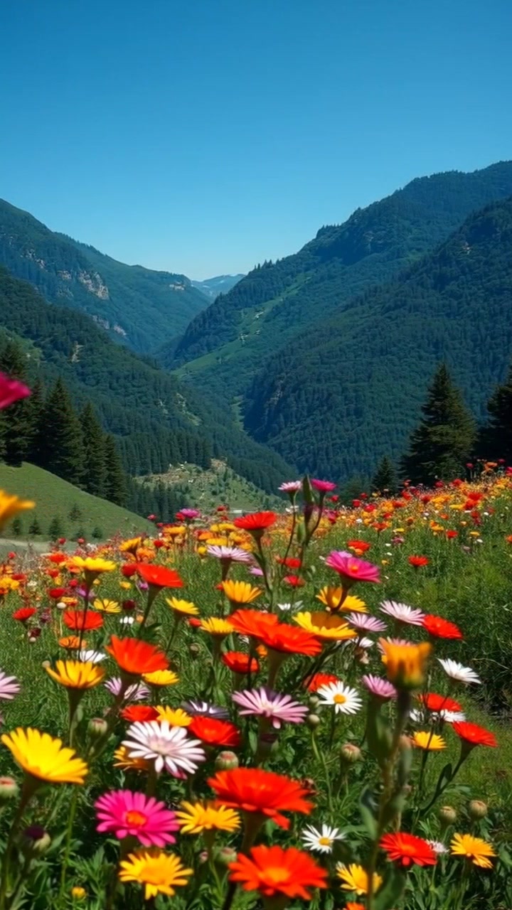 Scene: A vibrant meadow filled with multicolored flowers, including red, yellow, pink, and white blooms, set against a backdrop of lush green mountains under a clear blue sky. Style: Bright, natural lighting with vivid colors enhancing the floral landscape. Motion: The camera glides smoothly over the flowers, showcasing the colorful array as a gentle breeze creates subtle ripples across the petals.