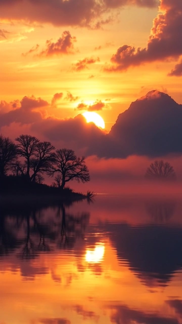 Scene: A tranquil landscape at sunrise, showcasing soft warm colors in the sky above a still lake that perfectly reflects the light. Style: Bathed in soft ambient morning light, creating a serene and peaceful atmosphere. Motion: The camera gently pans across the lake, capturing the delicate ripples on the surface as the sun rises higher, illuminating the surrounding scenery.