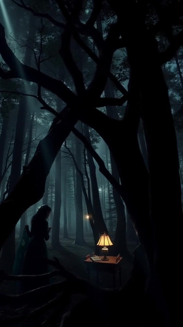 Scene: A dimly lit forest at night, filled with tall trees shrouded in mist, creating an eerie and mysterious atmosphere. Style: Soft, ambient lighting emanates from a glowing lamp on a small table, casting long shadows across the forest floor. Motion: The camera glides slowly through the trees, subtly revealing the silhouetted figure of a woman in a long dress as she leans closer to the lamp, its light flickering, enhancing the atmosphere.