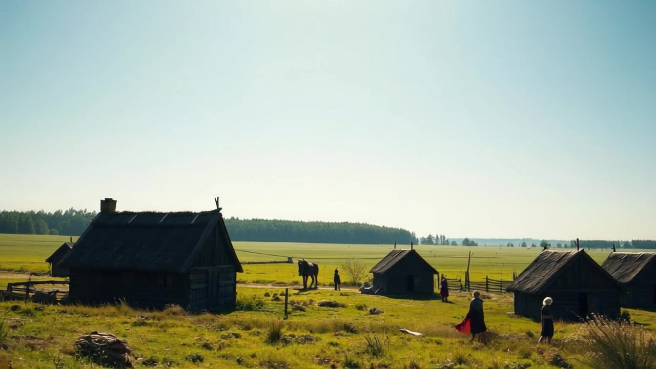 Scene: A tranquil rural setting with wooden huts spread across a lush, grassy field, and a horse grazing in the distance. Style: Bright, clear sky casting warm, inviting sunlight over the landscape. Motion: The camera glides smoothly through the field, capturing the gentle movement of people strolling leisurely, while the horse moves gracefully in the background.