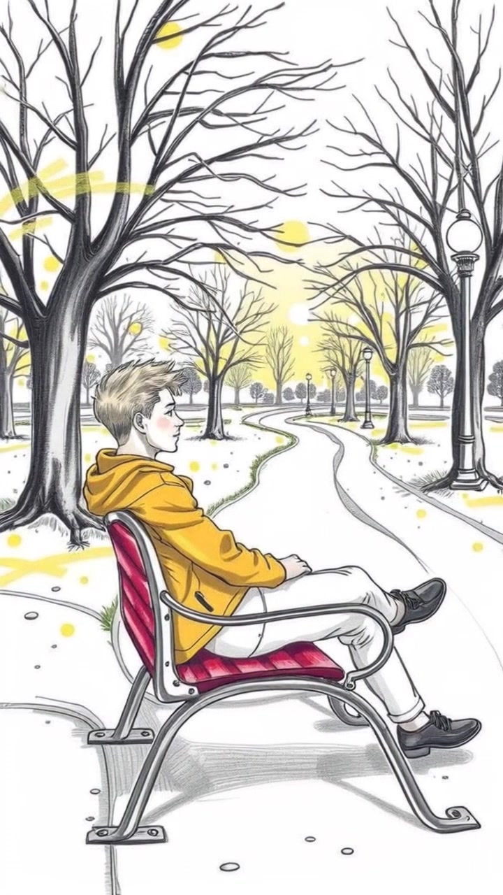 Scene: A tranquil park setting with a solitary figure sitting on a wooden bench, appearing deep in thought. Style: Soft, ambient morning light filtering through the trees, casting dappled shadows on the ground. Motion: The camera starts with a close-up of the subject's contemplative expression, then slowly pulls back along the winding path leading away, creating a feeling of isolation and introspection.