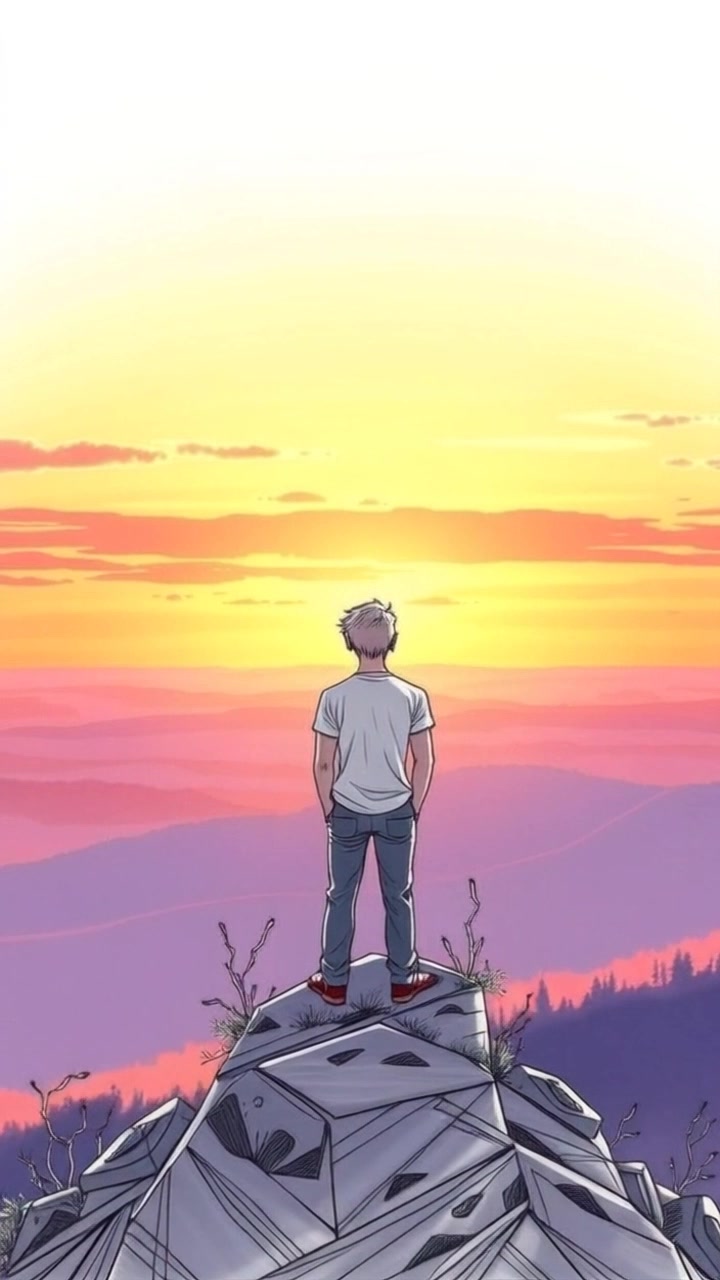 Subject: A solitary figure standing atop a hill. Subject movement: The figure turns slowly to take in the vast landscape. Scene: Hilltop overlooking an expansive valley bathed in the warm glow of sunset. Style: Soft, golden-hour lighting creating a magical atmosphere, with deep oranges and purples in the sky. Motion: Camera starts from a wide shot capturing the sunset and slowly pushes in towards the figure, giving a sense of intimacy as the landscape unfolds beneath.