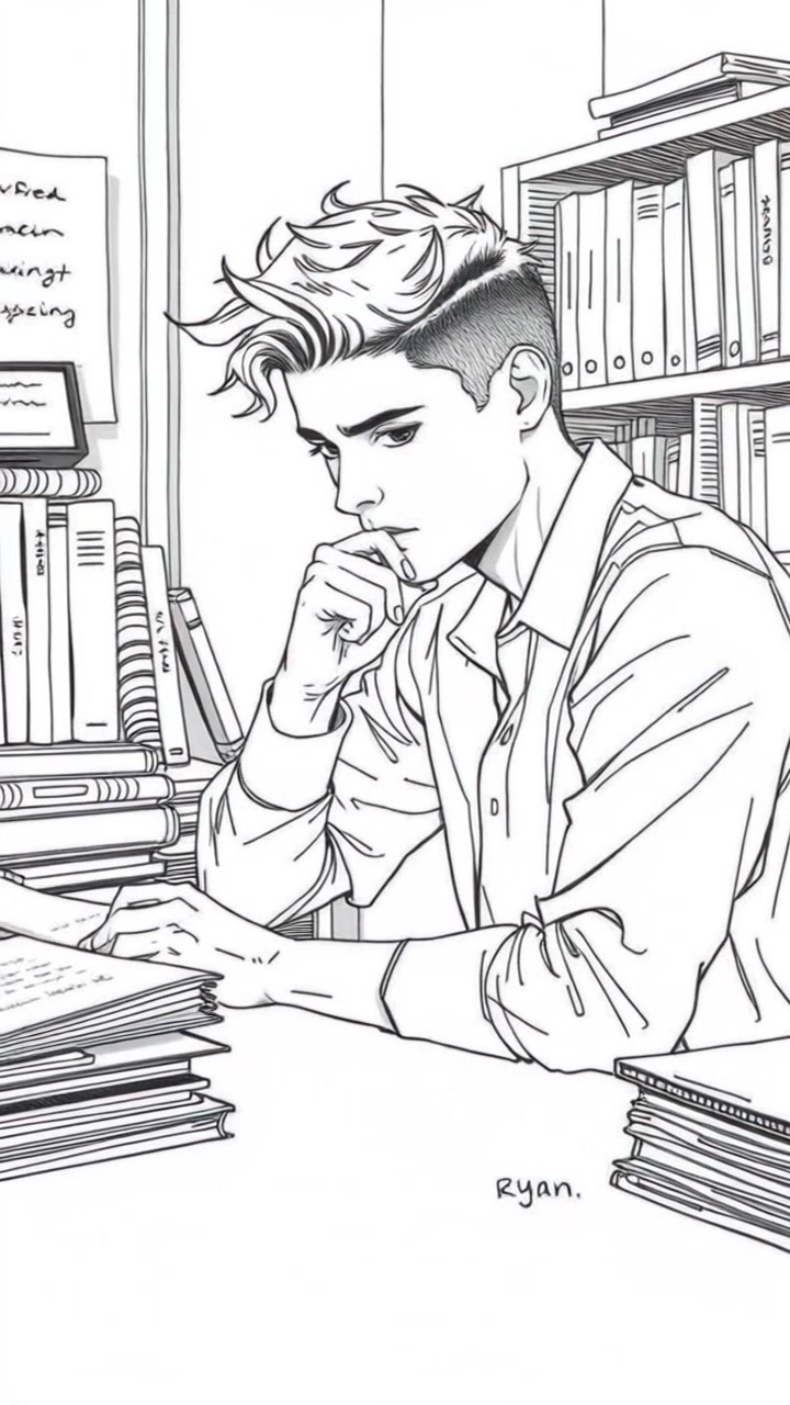 Subject: A person focused on writing in a notebook. Subject movement: They thoughtfully jot down notes, occasionally pausing to reflect, while surrounded by scattered books and papers. Scene: An intimate workspace filled with an array of literature and stationery. Lighting: Soft ambient light filtering through a nearby window, creating a cozy atmosphere. Motion: The camera begins with a tight close-up of the notebook, then gradually pulls back to reveal the entire desk setup, capturing the serene concentration of the writer.