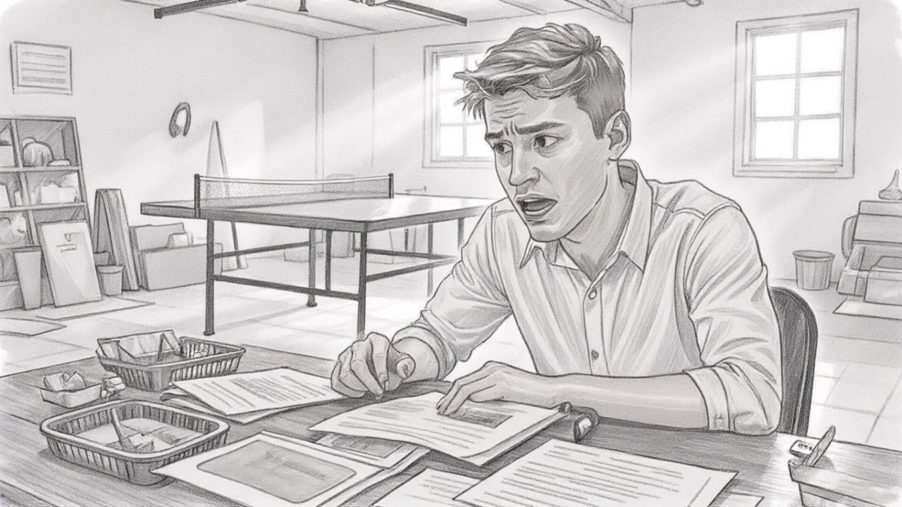 Scene: A young man with short hair, wearing a button-up shirt, sits at a cluttered table filled with papers, looking stressed in a room featuring a ping pong table and two windows. Style: Bright, natural light streams in through the windows, casting soft shadows across the table. Motion: Camera gradually zooms in on the man's face, capturing the intensity of his expression, then shifts to a wide shot revealing the chaotic workspace around him.