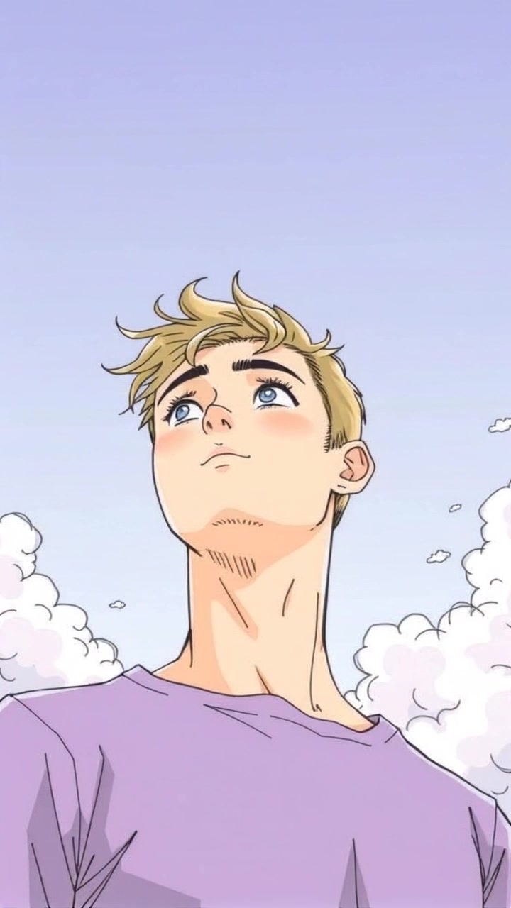 Scene: A pensive figure gazing thoughtfully at the sky, with fluffy clouds drifting lazily in the background. Style: Soft, ambient lighting creates a calm, reflective mood. Motion: Camera gently pulls back to reveal more of the serene sky, subtly shifting to the left, emphasizing the sense of contemplation.