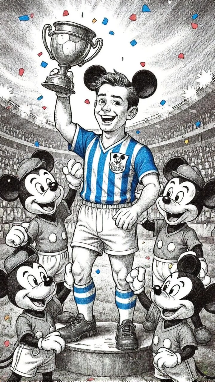 Subject: A young man in a blue and white striped soccer jersey, wearing Mickey Mouse ears, stands triumphantly on a pedestal holding a trophy. Subject movement: He beams with joy as he raises the trophy high while colorful confetti rains down around him. Scene: A crowded stadium filled with cheering fans, four excited Mickey Mouse characters in soccer uniforms surrounding him, celebrating the victory. Lighting: Bright, festive atmosphere accentuated by spotlights shining down from above, illuminating the scene. Motion: Dynamic panning shot that sweeps across the cheering crowd, then focuses on the young man, capturing the electric energy of the moment.