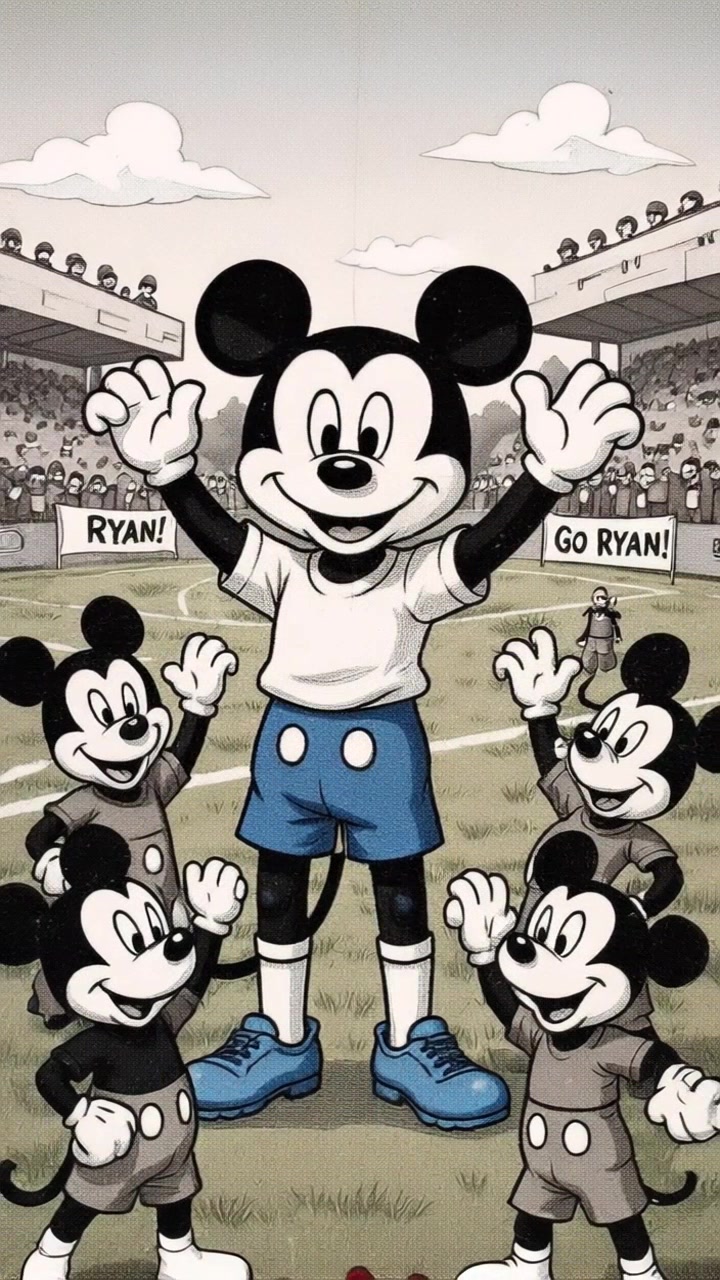 Subject: A large central Mickey Mouse character dressed in sportswear with arms raised in triumph, surrounded by four smaller Mickey Mouses also waving excitedly. Scene: Vibrant soccer field bustling with energy, crowds in the stands holding supportive signs that read 'RYAN!' and 'GO RYAN!'. Style: Bright, sunny lighting enhances the festive atmosphere, with a sense of excitement and cheer. Motion: The camera zooms in dynamically from the crowd towards the central Mickey Mouse, capturing the joyous expression and the waving characters, culminating in a wider shot that displays the whole scene with an uplifting feel.