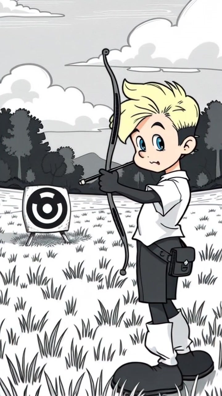 Subject: An archer drawing back a bowstring, poised to release an arrow. Subject movement: The archer slowly lets the tension on the bowstring build, focusing intently on the target ahead. Scene: A lush green field under a clear blue sky, with a distant wooden target visible in the background. Style: Bright, midday light creating sharp shadows on the ground, illuminating the vibrant colors of the surroundings. Motion: The camera pushes in smoothly to capture the archer's determined expression and the taut bowstring, then quickly pans to follow the motion of the arrow as it is released, soaring through the air towards the target.