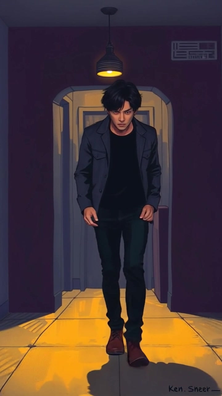 Subject: A character tiptoeing stealthily through a dimly lit hallway, expression intense and focused on sneaking. Subject movement: The character moves cautiously with careful, deliberate steps to avoid making noise. Scene: A narrow, shadowy corridor with faint light flickering from overhead fixtures, casting dramatic shadows along the walls. Style: Low-key lighting creates an atmospheric tension, with deep shadows enhancing the sense of intrigue. Motion: Camera follows closely behind in a handheld tracking shot, capturing the fluid motion of the character as they navigate the space, heightening the suspense and engagement in the scene.