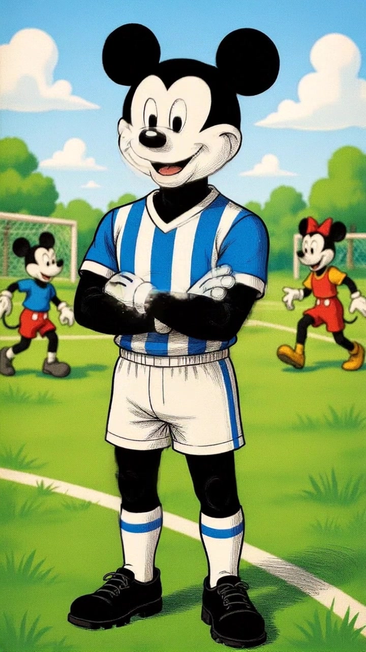 Subject: A cartoon soccer player character with a Mickey Mouse-style face stands confidently on a grassy field. Subject movement: The character kicks a soccer ball with enthusiasm, sending it soaring toward the goal. Scene: A bright soccer field with two similar characters in the background near soccer goals, vibrant and colorful. Style: Morning light creating an invigorating atmosphere, emphasizing the green of the grass and the blue and white stripes of the uniform. Motion: Camera tracks the soccer ball's rapid ascent, panning dramatically to follow it towards the goal as excitement builds.