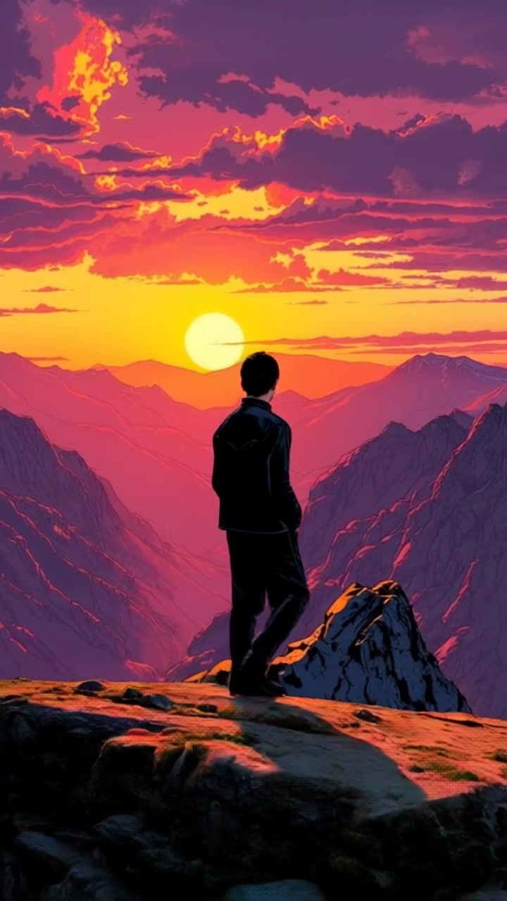 Subject: A figure standing on a mountain peak. Subject movement: The figure turns slowly to take in the breathtaking view. Scene: A stunning mountain peak overlooking a vast valley bathed in the warm hues of sunrise. Style: Soft, warm light illuminating the landscape while shadows stretch across the terrain. Motion: Camera begins with a wide aerial shot of the valley, then gently pushes in toward the figure, creating an immersive perspective of the scene.