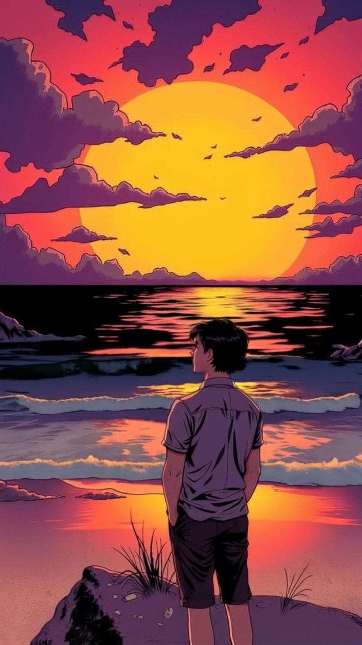 Scene: A serene beach at dusk, waves gently lapping at the shore with a brilliant horizon painted in warm shades of orange and pink. Style: Soft, ambient evening light casting a tranquil glow over the setting. Motion: Camera pulls back slowly from a close-up of the subject contemplating the horizon, revealing the vastness of the beach and ocean as the sun sets.