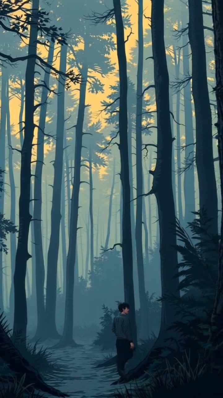 Subject: A figure walking through a dense forest. Subject movement: The individual ambles thoughtfully, casting glances at the towering trees. Scene: Lush forest scene with tall trees and dappled sunlight filtering through the dense canopy. Style: Soft, warm light creating a serene and inviting atmosphere. Motion: Camera follows closely behind in a smooth, handheld tracking shot, capturing the gentle movement through the vibrant foliage.