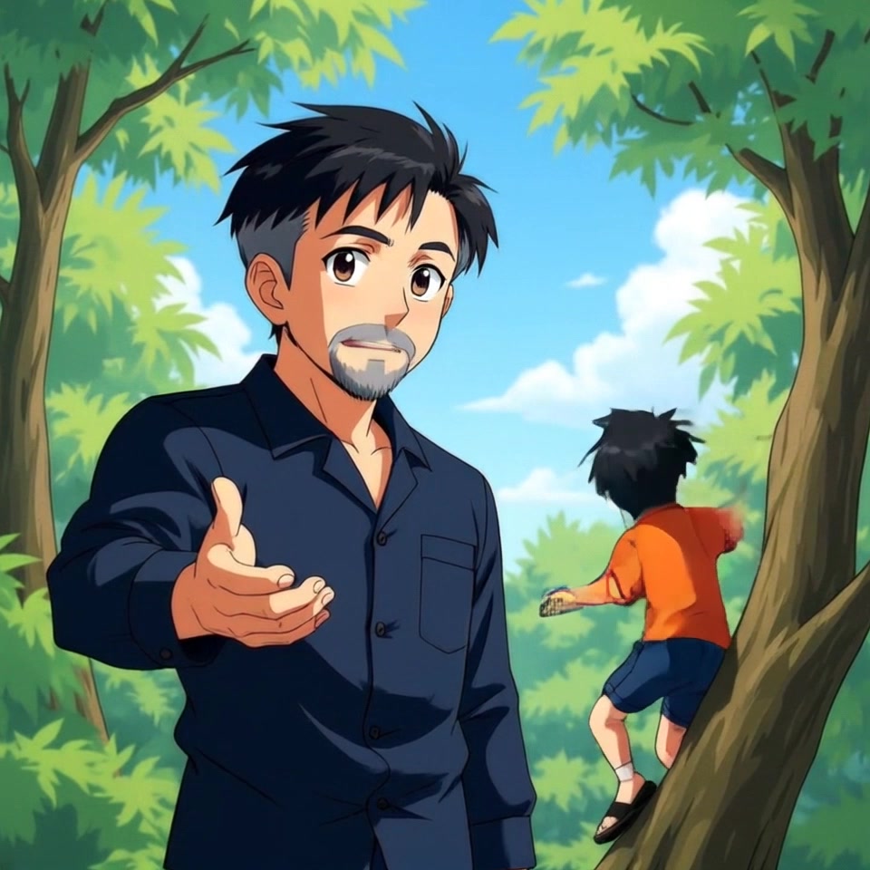 Subject: An adult man with a goatee in a dark blue shirt reaching out with his hand, while a young boy in an orange shirt and blue shorts climbs a tree nearby. Scene: Among lush green trees under a bright blue sky sprinkled with clouds. Lighting: Bright, warm sunlight creating a lively atmosphere. Motion: The camera slowly pushes in towards the man as he extends his hand, capturing the excitement of the boy's playful climb in the background.
