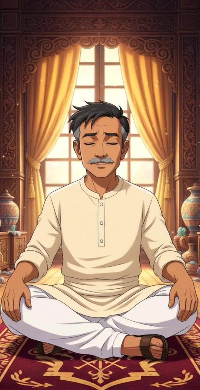 Subject: A middle-aged man with gray hair and a mustache in deep meditation. Subject movement: His chest gently rises and falls with each breath as he remains still, exuding tranquility. Scene: Lavishly decorated room with ornate wooden walls, yellow curtains, and an array of gemstones and vases surrounding him, creating a serene atmosphere. Style: Soft ambient lighting filters through the curtains, casting warm hues across the scene. Motion: The camera slowly zooms in on the man, capturing the intricate details of his serene expression and the ornate surroundings, while a subtle slow pan reveals the richness of the room's decor.