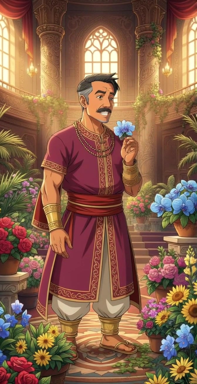 Subject: A middle-aged man in a vibrant indoor garden. Subject movement: He lifts a blue flower, gazing thoughtfully at it. Scene: An ornately decorated indoor garden filled with colorful flowers and lush greenery, creating a serene atmosphere. Style: Bright, warm lighting highlighting the richness of the man's tunic and the surrounding flora. Motion: A slow push-in shot as the camera gently approaches the man, capturing the intricate details of his clothing and the surrounding beauty.