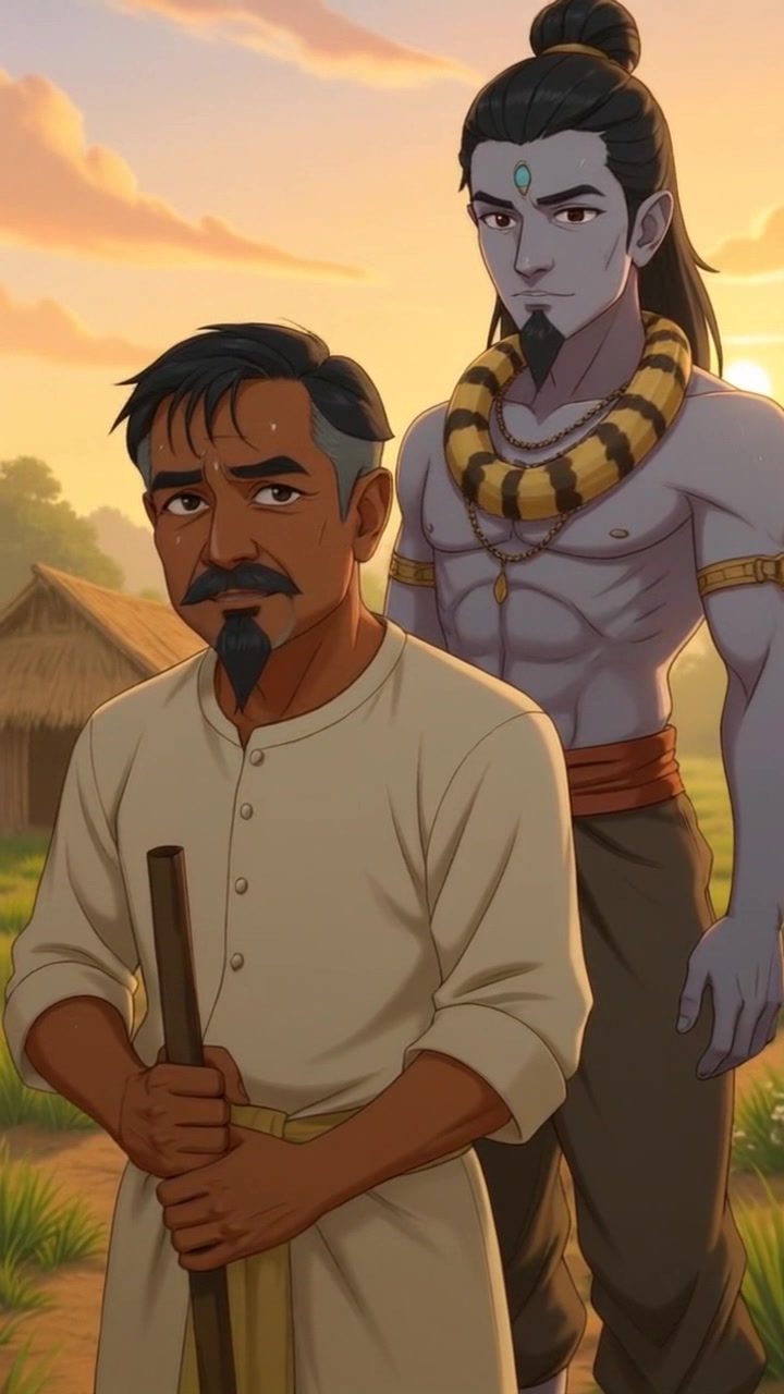 Scene: Two men standing outdoors at sunset; one is an older man with a mustache and goatee in traditional light-colored clothing, holding a stick, while the other is a younger, shirtless man with a topknot, embodying serenity. Style: Warm sunset lighting casting soft shadows, creating an inviting atmosphere. Motion: The camera slowly pushes in, capturing the details of their expressions as the warm glow of the sunset enhances the emotional moment.