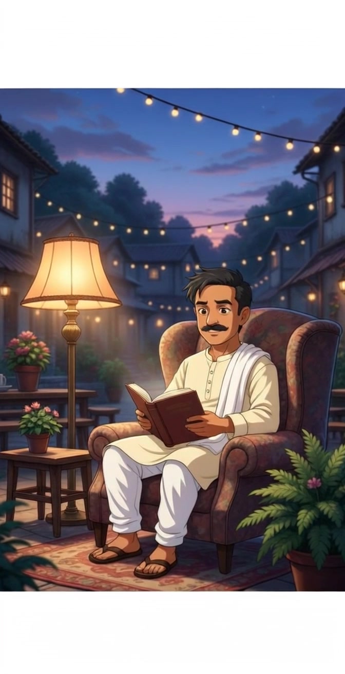 Subject: A man with a mustache, dressed in traditional white clothing, is sitting on a cushioned armchair reading a book. Subject movement: He occasionally shifts his position, adjusting the book slightly as he becomes engrossed in his reading. Scene: An outdoor setting at dusk, adorned with hanging string lights, potted plants, and a standing lamp creating a cozy ambiance. Style: Soft, warm lighting from the string lights and lamp, casting gentle shadows. Motion: The camera gently pushes in to reveal details of the man's focused expression, then pulls back slightly to capture the enchanting outdoor atmosphere.