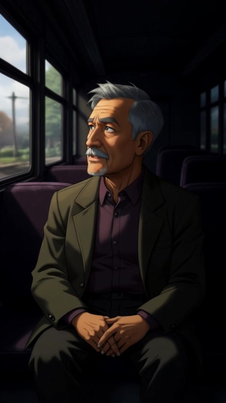 Subject: A person sitting on a bus looking contemplative while gazing out the window. Subject movement: The person's gaze shifts slowly from side to side, reflecting introspection. Scene: Inside a city bus, with faint city lights streaming past the window. Style: Soft, ambient lighting with warm tones illuminating the interior. Motion: Camera captures a close-up of the person's face, then subtly pulls back to reveal the bus environment, as passing city scenes blur in the background.