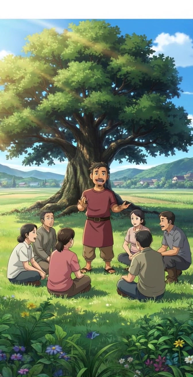 Subject: A cheerful middle-aged man with open arms engaging animatedly with a group of six attentive adults. Subject movement: The man gestures widely as he speaks, while the adults sit and listen intently on the grass. Scene: A sunny rural landscape with a large, leafy tree providing shade, framed by distant mountains and houses. Style: Bright morning light casts a warm glow over the scene, creating an inviting atmosphere. Motion: Handheld camera tracking shot circling around the man and the group, capturing their expressions and interactions, while the vibrant greenery and blue sky fill the frame.