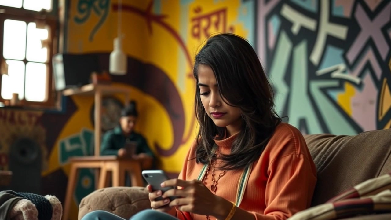 Subject: Priya sitting in a cozy living room, staring at her phone with a worried expression on her face. Subject movement: She shifts slightly, her brow furrowing deeper as she scrolls anxiously. Scene: A warm, inviting living room filled with soft furnishings and gentle decor. Style: Ambient lighting that casts a soft glow, enhancing the cozy atmosphere. Motion: The camera slowly pushes in, capturing her expression as subtle details of the room come into focus, creating an intimate viewing experience.