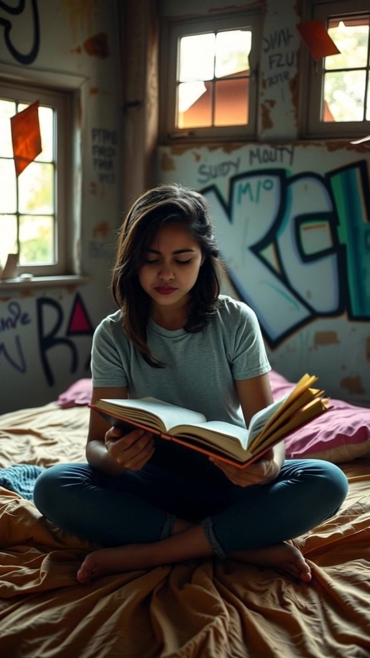 Subject: A young woman sitting on her bed. Subject movement: She shifts slightly, adjusting the book on her lap as she glances at a study guide with a weary expression. Scene: Cozy bedroom with soft pillows and a bedside lamp casting a warm glow. Style: Evening light creating a serene atmosphere, with shadows gently dancing across the walls. Motion: A slow, smooth push-in shot from the doorway, focusing on her thoughtful demeanor and the details of her study materials.