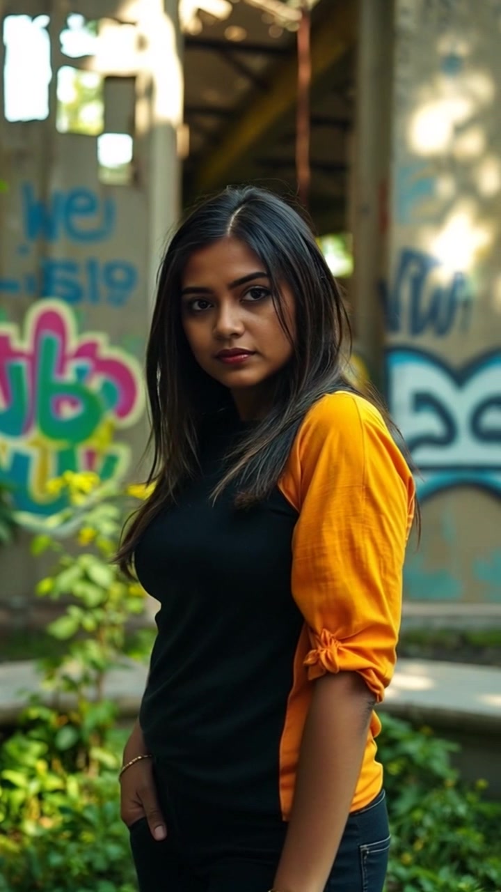 Subject: A woman standing confidently in a vibrant park. Subject movement: She shifts her weight slightly, exhibiting determination in her stance. Scene: Lush green park filled with blooming flowers and gentle trees swaying in the breeze. Style: Bright midday light illuminating the scene, creating a cheerful and inviting atmosphere. Motion: The camera performs a subtle push in towards her, capturing her thoughtful expression as the background softly blurs, enhancing her presence amidst the beauty of nature.