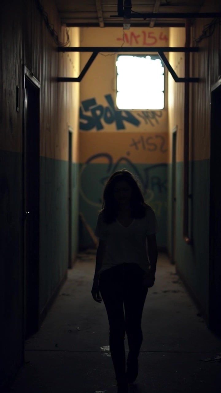 Subject: A figure walking with confidence. Subject movement: The figure steadily moves along a dimly lit path, surrounded by a soft, glowing light. Scene: A dimly lit path with trees lining the sides, creating an enveloping environment. Style: Mysterious and captivating lighting, with the glow illuminating the path and enhancing the shadows. Motion: Handheld camera tracking shot follows the figure as they walk, smoothly tilting up to capture the trees' silhouettes against the subtle light.